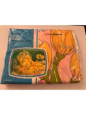 Vintage Fashion Manor Double Flat Sheet Muslin Retro Mod 70s Flowers New C2